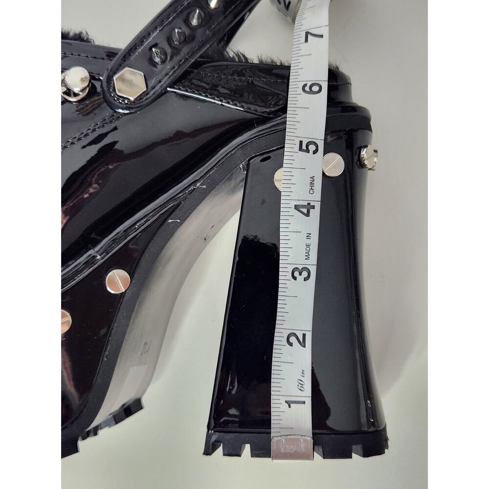 Widow Righteous Rebel Spike Platform Mules Vegan Patent Fur Trim Heels 9M - Picture 8 of 10